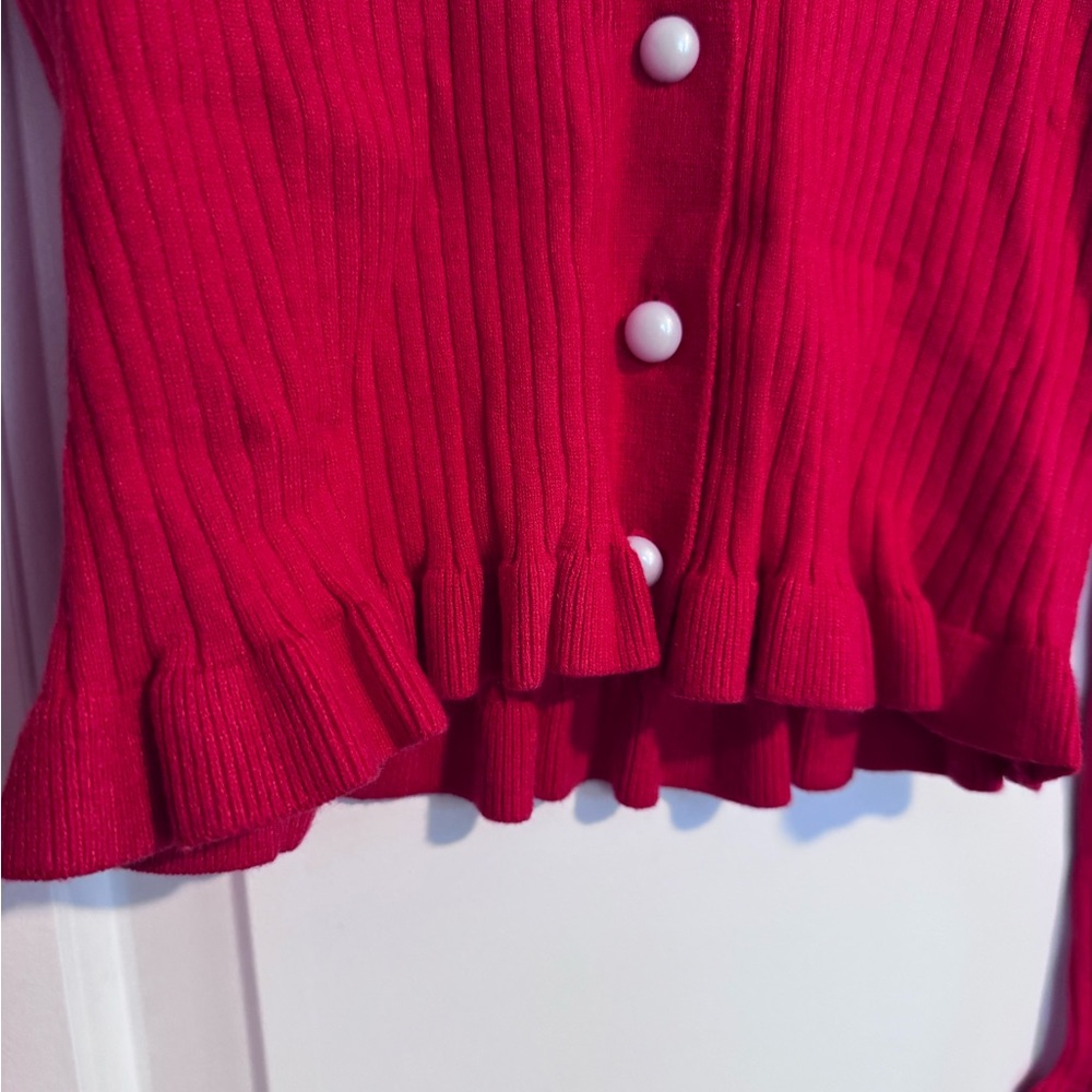 Red Ribbed Cardigan with Pearl Buttons - Picture 2 of 3